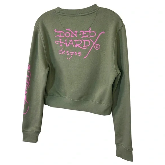 Ed Hardy - Women’s Y2k Graphic-Print Sweatshirt, Cropped, ‘Tattoo’ - Green Small - Picture 6 of 16